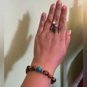 Dainty blue and brown wooden bead stretch bracelet